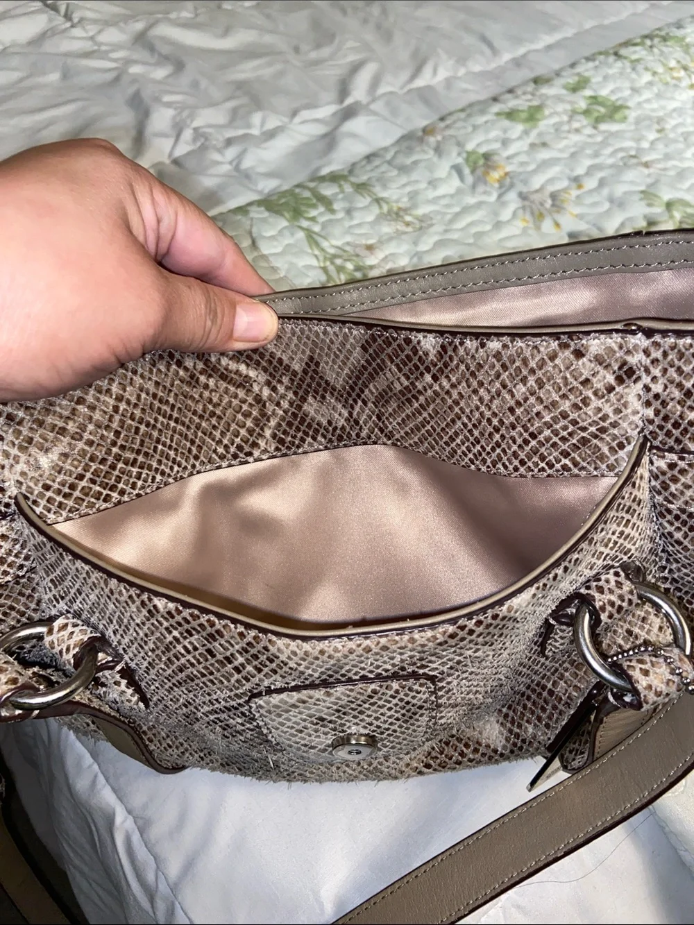 Coach Snake-Embossed Shoulder Bag in Taupe and Beige